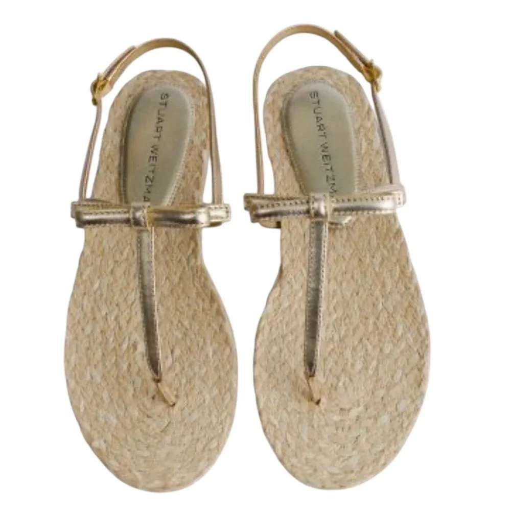 Stuart Weitzman Felicity Gold Metallic Leather Bow Espadrille‎ Sandals size 6